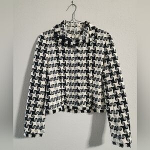 LISLI Wool Houndstooth Tweed Fringe Checked Jacket Size 4 Black and Cream Blazer